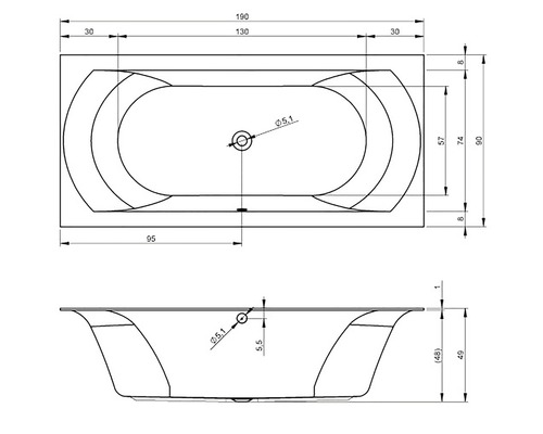 Technický nákres vany s rozměry