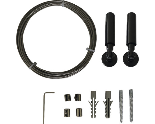 Kompletní závěsná sada s ocelovým lankem, dvěma závěsnými zařízeními, šrouby, hmoždinkami, imbusovým klíčem a svorkami pro upevnění obrazů