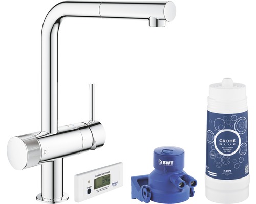 Kuchyňská baterie s filtrem, hlavicí filtru, filtrační patronou a indikátorem výměny filtru