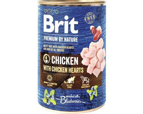 Konzerva pro psy Brit Premium by Nature Chicken with Hearts 400 g Brit mokré krmivo pro psy s kuřecím masem a kuřecími srdíčky v konzervě