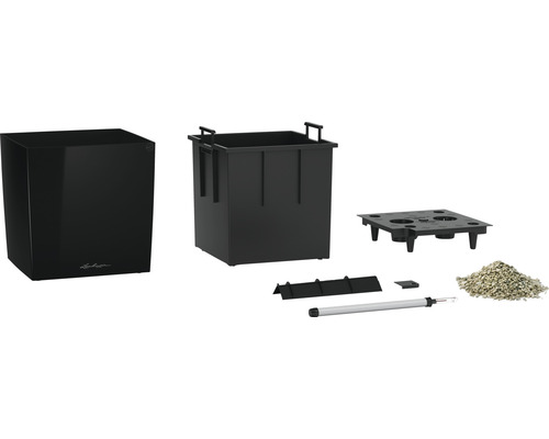 Kompletní sada květináčů s vložkou, zavlažovacím systémem, ukazatelem hladiny vody a rostlinným granulátem.