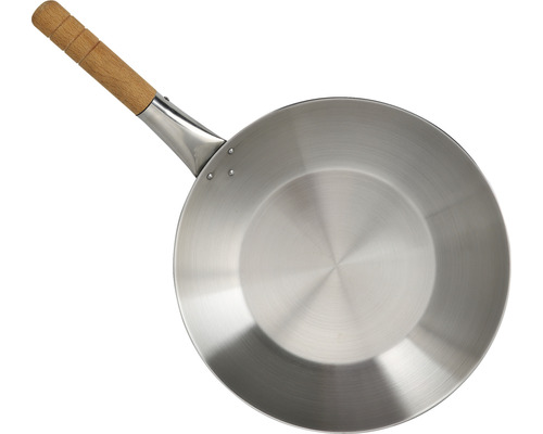 Nerezová wok pánev s dřevěnou rukojetí