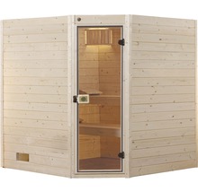 Vnitřní sauna s prosklenými dveřmi a dřevěným obkladem