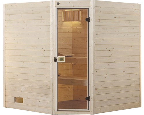 Vnitřní sauna s prosklenými dveřmi a dřevěným obkladem