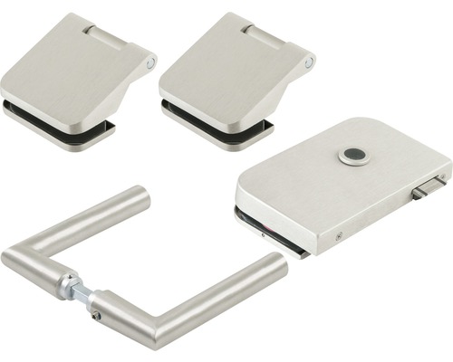 Sada kování pro skleněné dveře se dvěma dveřními závěsy, zámkovou skříní a klikou