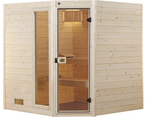 Dřevěná sauna se skleněnými dveřmi a lavicemi