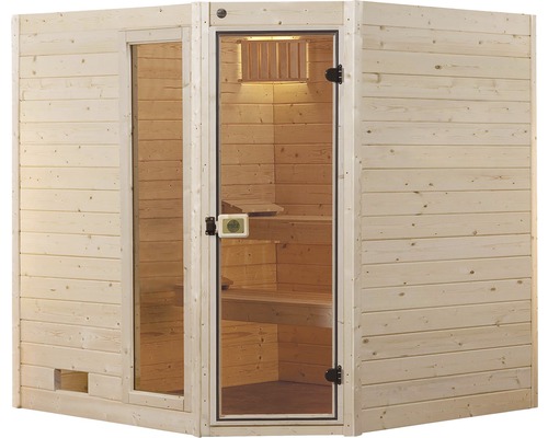 Vnitřní sauna ze dřeva s prosklenými dveřmi a lavicemi