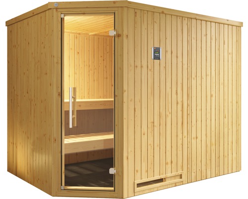 Dřevěná sauna se skleněnými dveřmi a digitálním ovládacím panelem