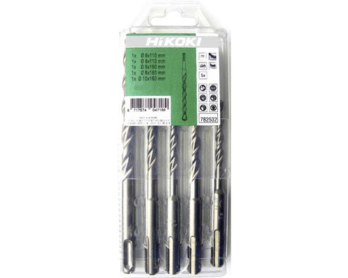 Sada vrtáků SDS Plus HiKOKI, Ø 6,8x110 mm a Ø 6,8,10x160 mm, 5 ks, 782532; 751024 Logo společnosti HiKOKI. Sada pěti vrtáků do kamene různých velikostí v balení.