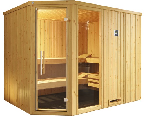 Dřevěná sauna se skleněnými dveřmi a lavicemi