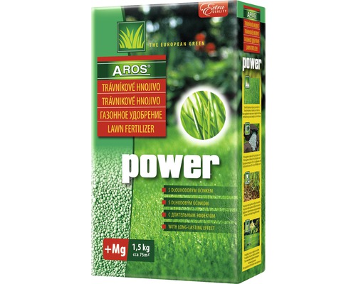 Trávníkové hnojivo Aros Power jarní 1,5 kg Balení trávníkového hnojiva s hořčíkem, 1,5 kilogramu na přibližně 75 metrů čtverečních