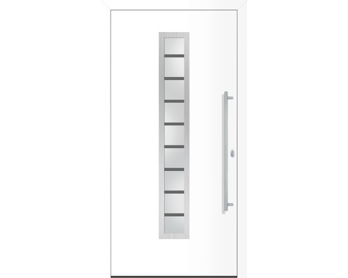 Bílé vchodové dveře se skleněnou výplní a klikou