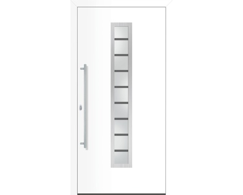 Bílé vchodové dveře se skleněnou vložkou a madlem