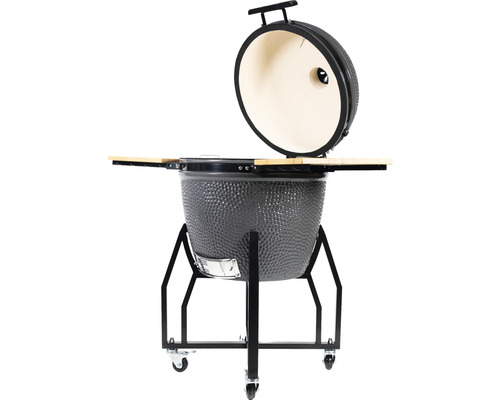 Keramický gril s otevřeným víkem a bočními policemi na kolečkách