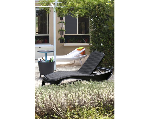 Scéna na zahradě s lehátkem, chladičem nápojů a výsadbou