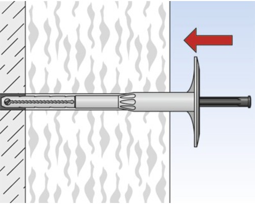 Ilustrace hmoždinky v stěně s červenou šipkou