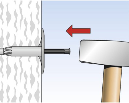 Ilustrace montáže hmoždinky kladivem do zdi