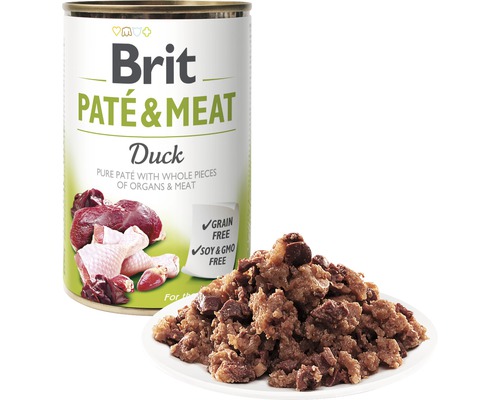 Brit Paté a maso krmivo pro psy s kachnou v konzervě a na talíři