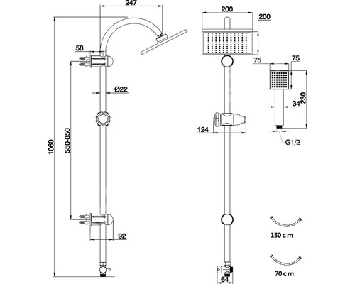 Technický nákres sprchové soupravy s rozměry.