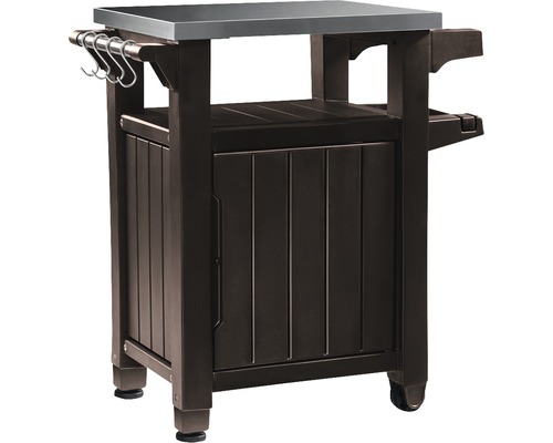 Zahradní skříňka s pracovní deskou z nerezové oceli a závěsnými háčky