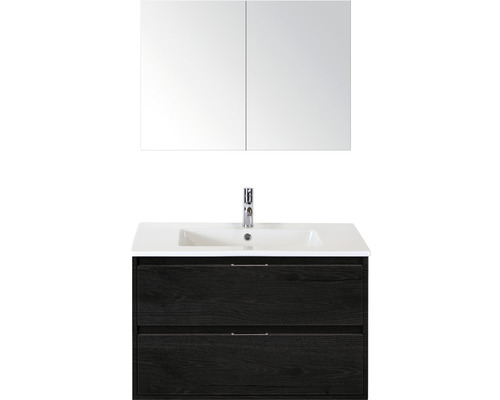 Koupelnový nábytkový set Sanox Porto barva čela black oak ŠxVxH 91 x 150 x 51 cm s keramickým umyvadlem a zrcadlovou skříňkou
