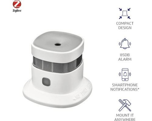 Logo ZigBee. Hlásič kouře s upozorněním na smartphone a alarmem 85 decibelů.