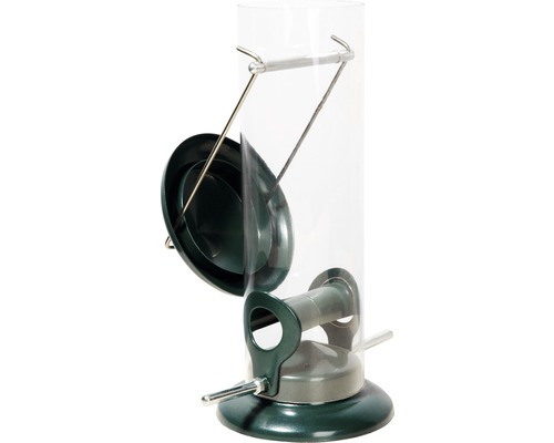 Krmítko pro ptáky s průhledným válcem a krmnými otvory