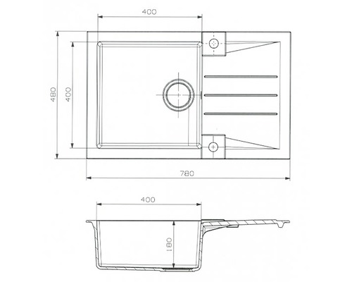 Technický nákres kuchyňského dřezu s rozměry.