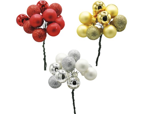 Přízdoby kouličky na drátku Ø 2 cm 12 ks, různé barvy Dekorativní vánoční koule v červené, zlaté a stříbrné barvě jako svazek