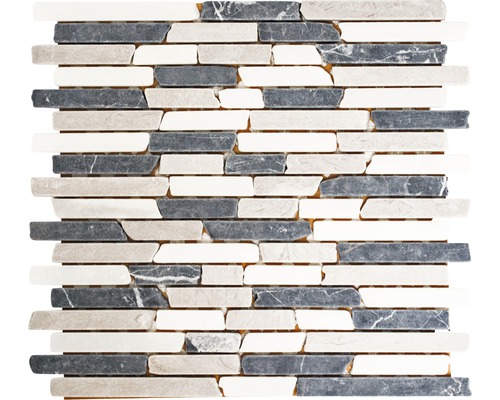 Kamenná mozaika MOS Brick 1125 30,5x32,5 cm béžová/šedá/bílá Mozaiková rohož z přírodního kamene s podlouhlými kameny v různých odstínech šedé a bílé.