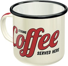Smaltovaný hrnek s nápisem Strong Coffee Served Here