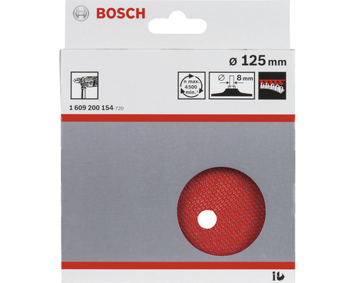 Logo společnosti Bosch. Brusný kotouč o průměru 125 milimetrů v obalu.