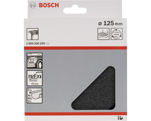 Logo Bosch. Lešticí houba o průměru 125 milimetrů. Vhodné pro automobilové laky, plexisklo a kovy.