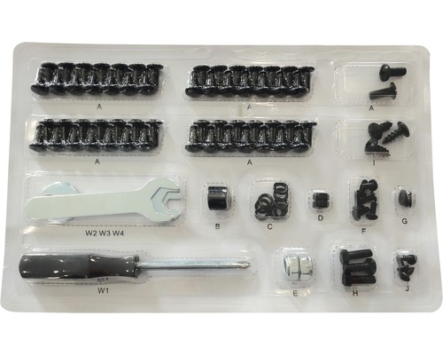 Sortimentní box se šrouby, maticemi, podložkami, klíčem a šroubovákem