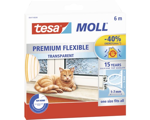 Okenní a dveřní těsnění, silikonové, transparentní 6m Těsnicí páska Tesa Moll Premium Flexible, šest metrů