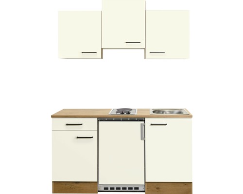 Vestavěná kuchyň s dřezem, varnou deskou, lednicí a závěsnými skříňkami