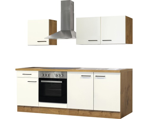 Kuchyňská linka se závěsnými skříňkami, digestoří, sporákem a dřezem