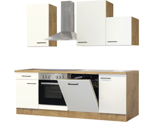 Kuchyňská linka se závěsnými skříňkami, digestoří, sporákem a myčkou