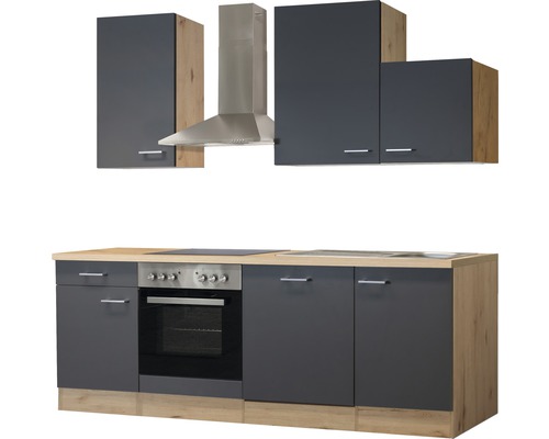 Kuchyňská linka se závěsnými skříňkami, digestoří, dřezem, varnou deskou a troubou
