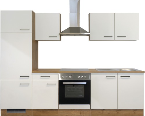 Kuchyňská linka se závěsnými skříňkami, digestoří, sporákem a dřezem