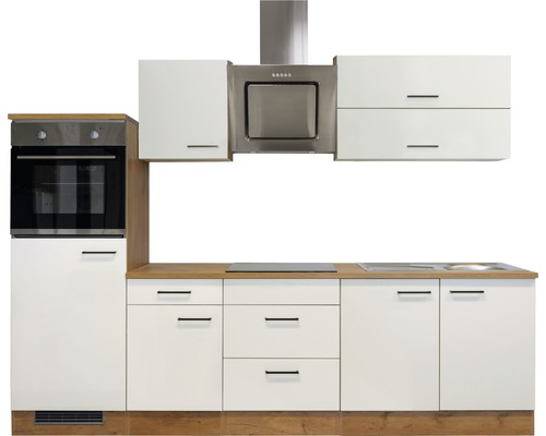 Kuchyňská linka se skříňkami, dřezem, sporákem, digestoří a troubou