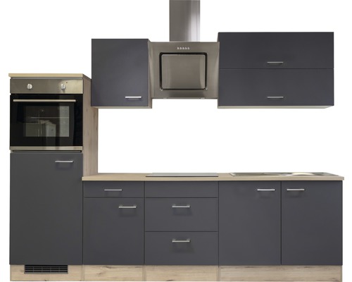 Kuchyňská linka s troubou, odsavačem par a šedými čely skříněk
