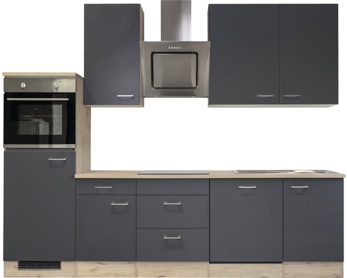 Kompletní kuchyňská linka s horními skříňkami, dřezem, sporákem a digestoří.