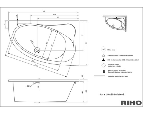 Technický nákres vany Lyra 140x90 levá