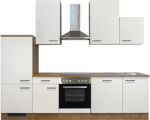 Kuchyňská linka s horními a dolními skříňkami, digestoří a vestavnou troubou