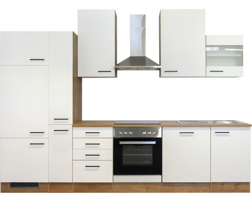 Kompletní kuchyně se závěsnými skříňkami, digestoří, dřezem, sporákem a troubou