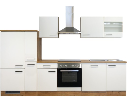 Kuchyňská linka se závěsnými skříňkami, digestoří a vestavnou troubou