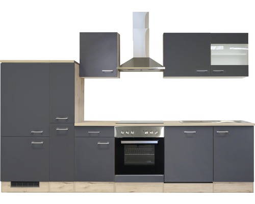 Vestavěná kuchyně s horními skříňkami, odsavačem par a elektrickými spotřebiči