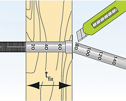 Znázornění tloušťky upevnění ve dřevě pomocí řezacího nože