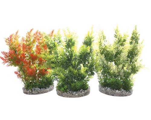 Akvarijní dekorace Sydeco Hedge plastová akvarijní rostlina 25 cm, mix barev Tři akvarijní rostliny na štěrkovém základě